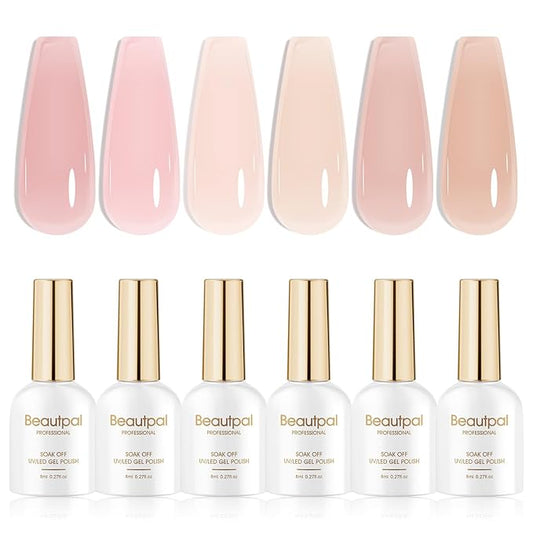 Beautpal Nude Gel Polish Set, 6pcs Jelly Gel Polish Nude Pink Neutral Color Translucent Gel Nail Kits for Salon Gel Manicure and Nail Art DIY at Home 8ml J05