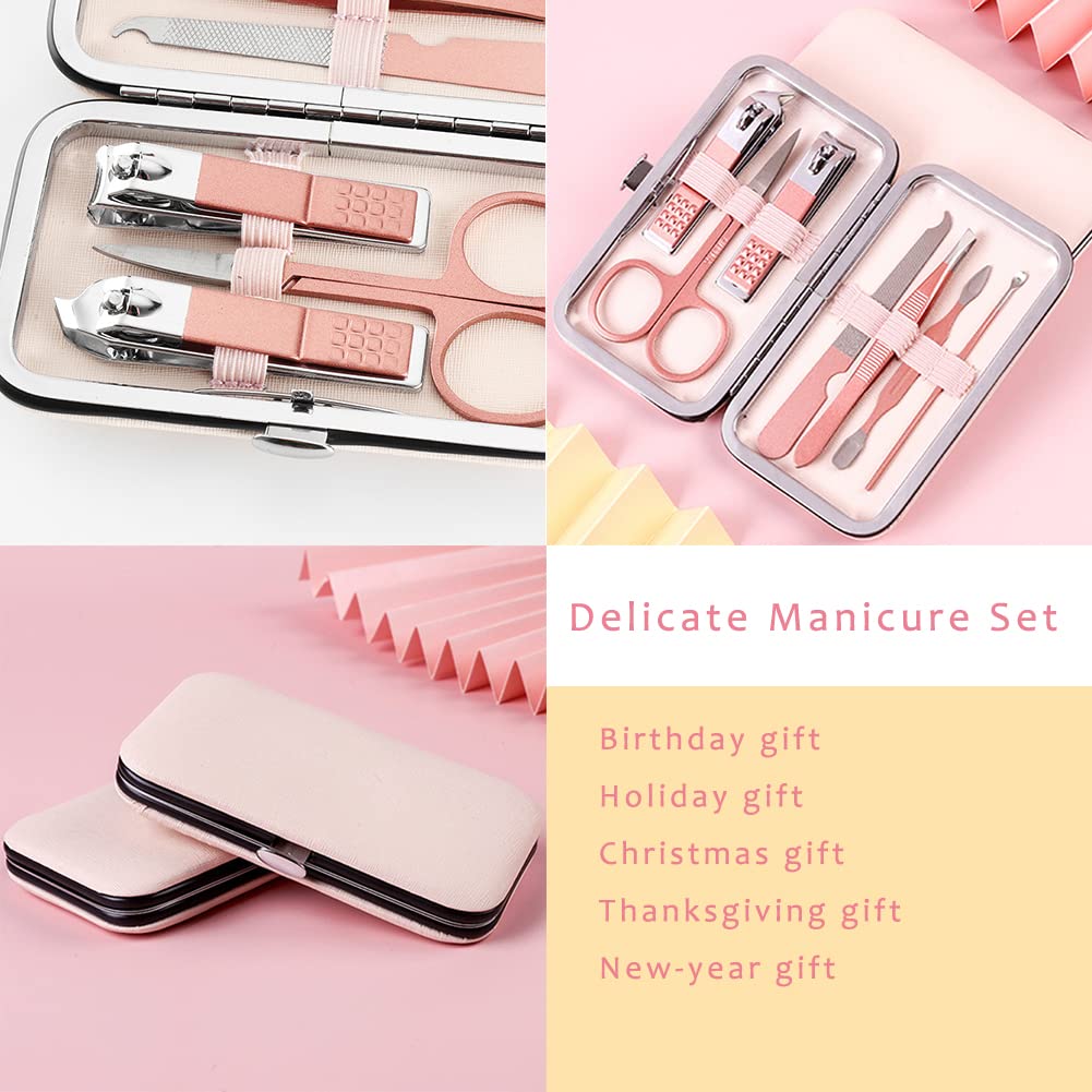 Pink Manicure Set Beauty Tool Portable - Nail Clipper Pedicure Grooming Kit Stainless Steel 7 in 1 Luxury Leather Travel Case, for Woman Girl Home Travel Gift Giving