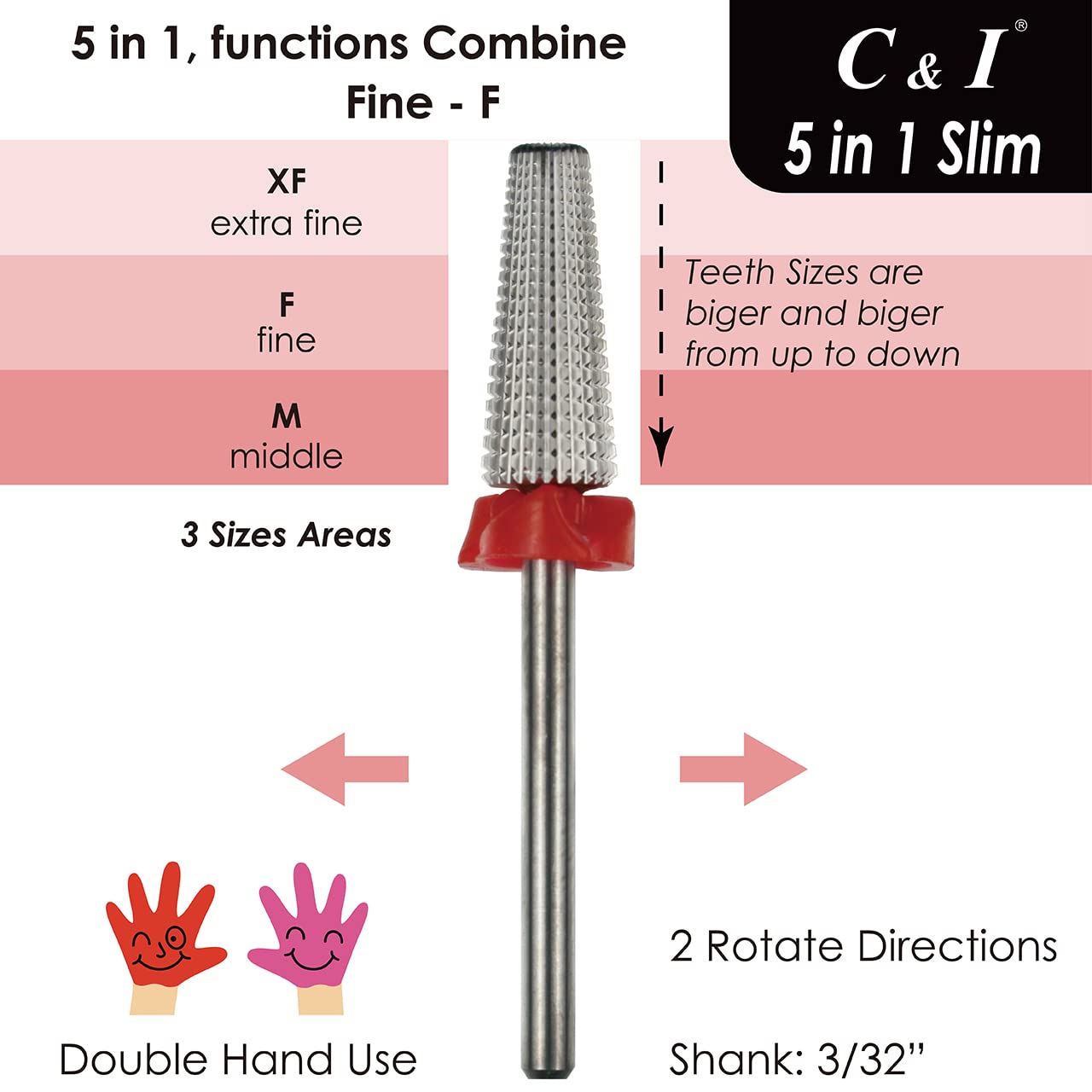 C & I 5 in 1 Nail Drill Bit, Slim Edition, Professional Manicure Drills for Electric Nail Drill Machine (Fine -F)