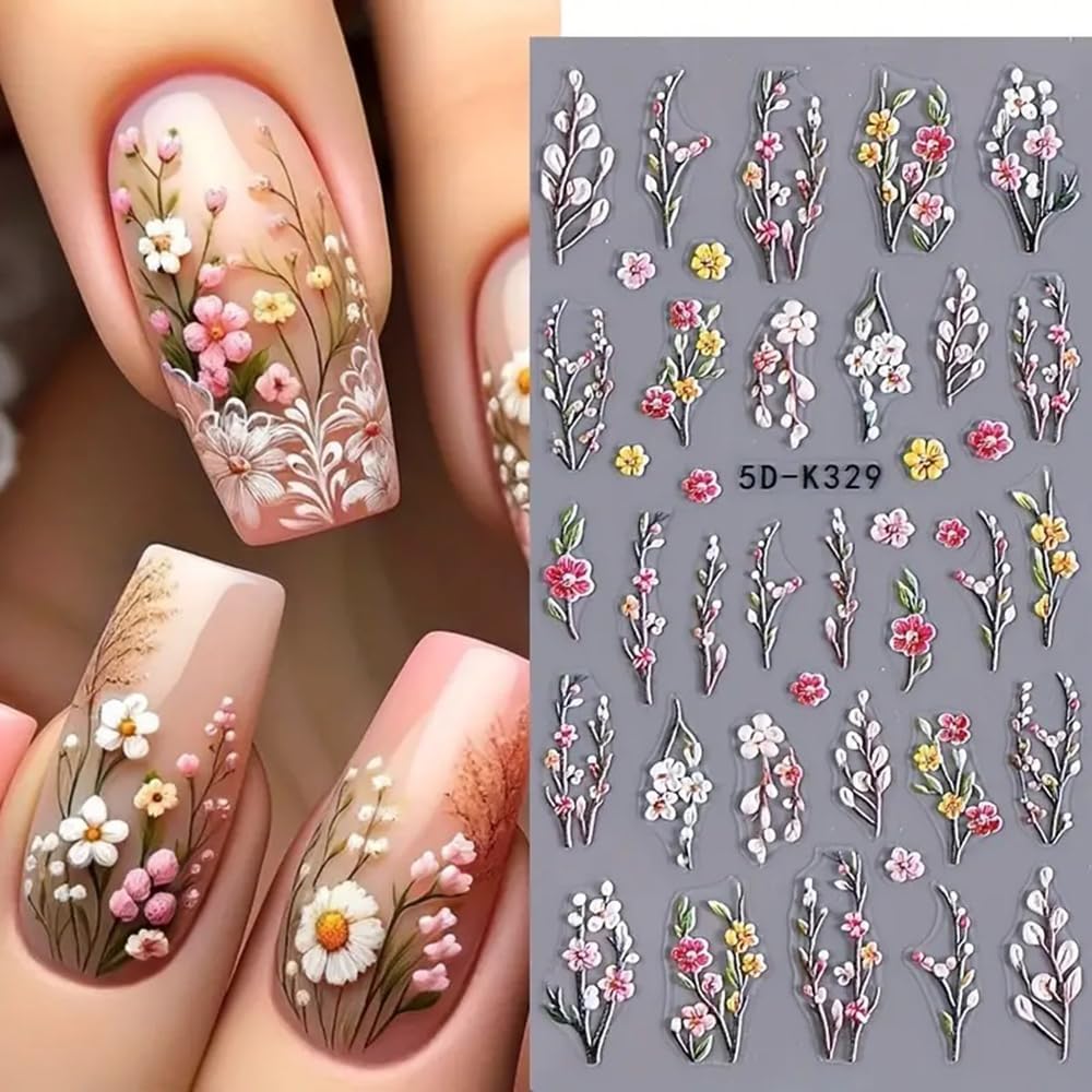 5D Embossed Branch Flowers Spring Nail Art Stickers Purple Flower Nail Stickers Colorful Floral Nail Decals 3 Sheets Flowers and Plants Nail Designs for Women Girls DIY Nail Art Supplies