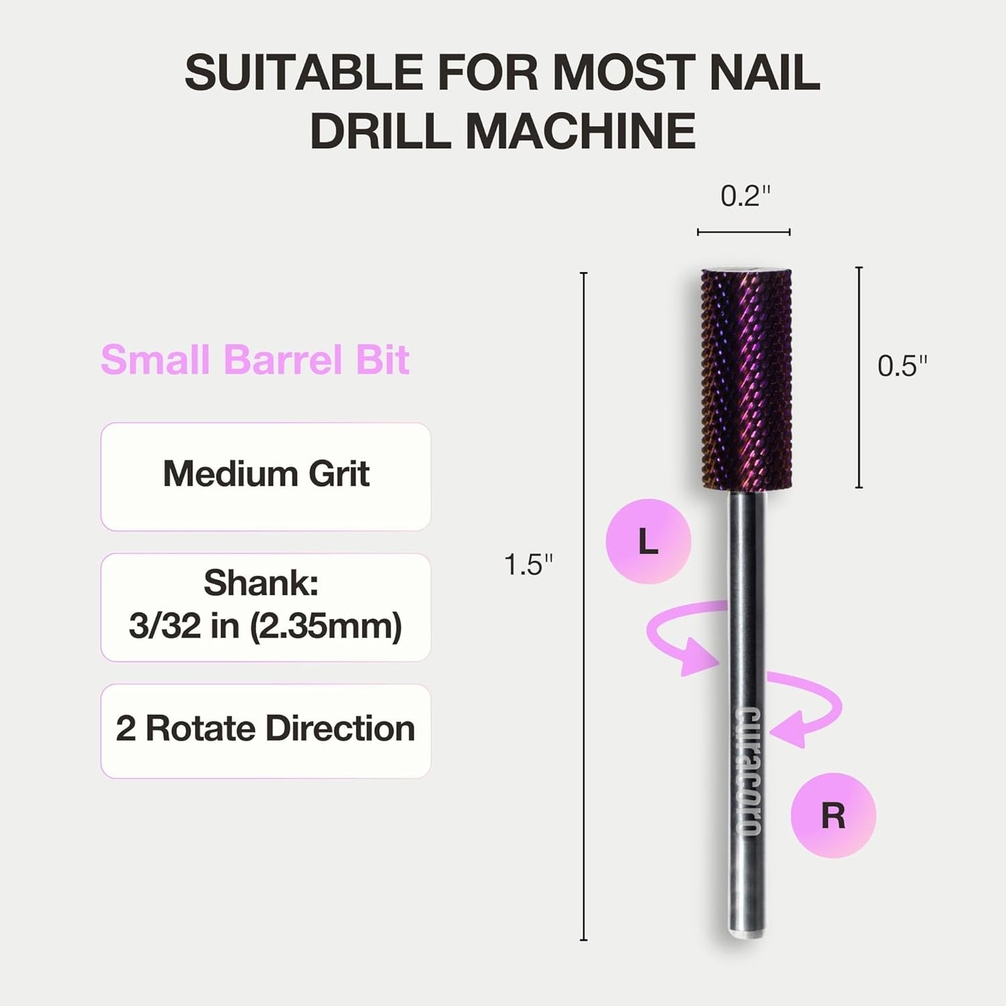 Curacoro Nail Drill Bits 3/32'' - Small Barrel Carbide Bit (Medium) for Professional Finish, Precisely Remove, Refine, Smooth Acrylic or Gel Nails, Nail Art Pedicure Manicure Salon & Home