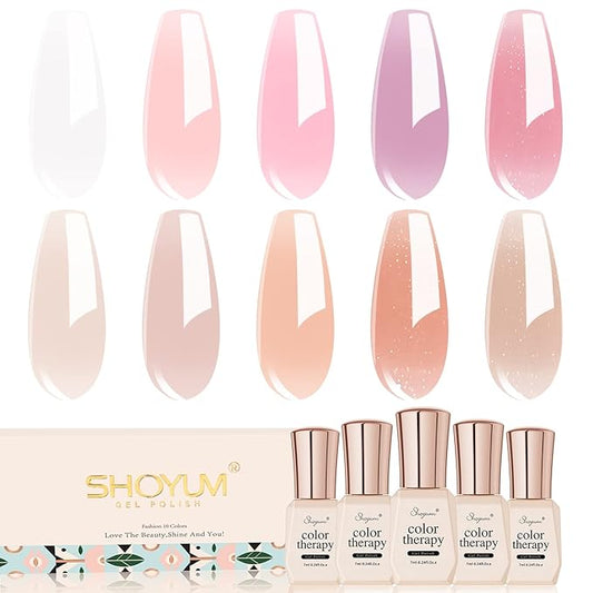 Jelly Pink Gel Nail Polish Set of 10 Colors Including Pink Purple Milky White Nude Gel Polish Kit UV LED Soak Off Nail Polish Home DIY Manicure Nail Salon Varnish