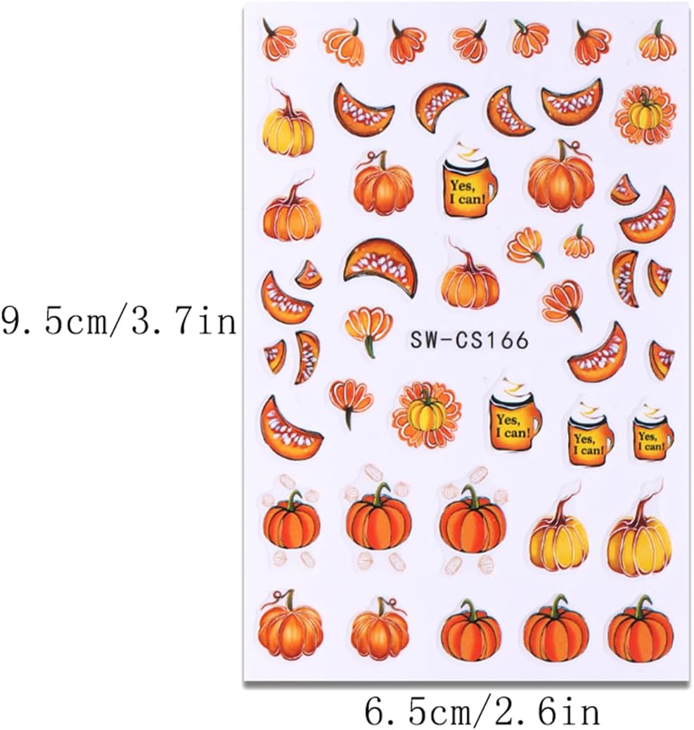 Autumn Leaf Nail Sticker - Fall Pumpkin Decals 3D Self-Adhesive Cute Leaves Supplies Thanksgiving Day Art Design DIY Manicure Decoration Tip Accessories 6 Sheets