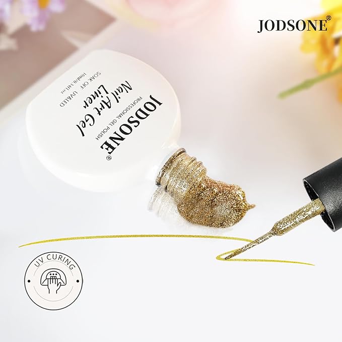 JODSONE 10ml Nail Art Gel Liner Glitter Gold Gel Nail polish Need U V Lamp Cured with Thin Brush at Home Salon Design Gift for Girls