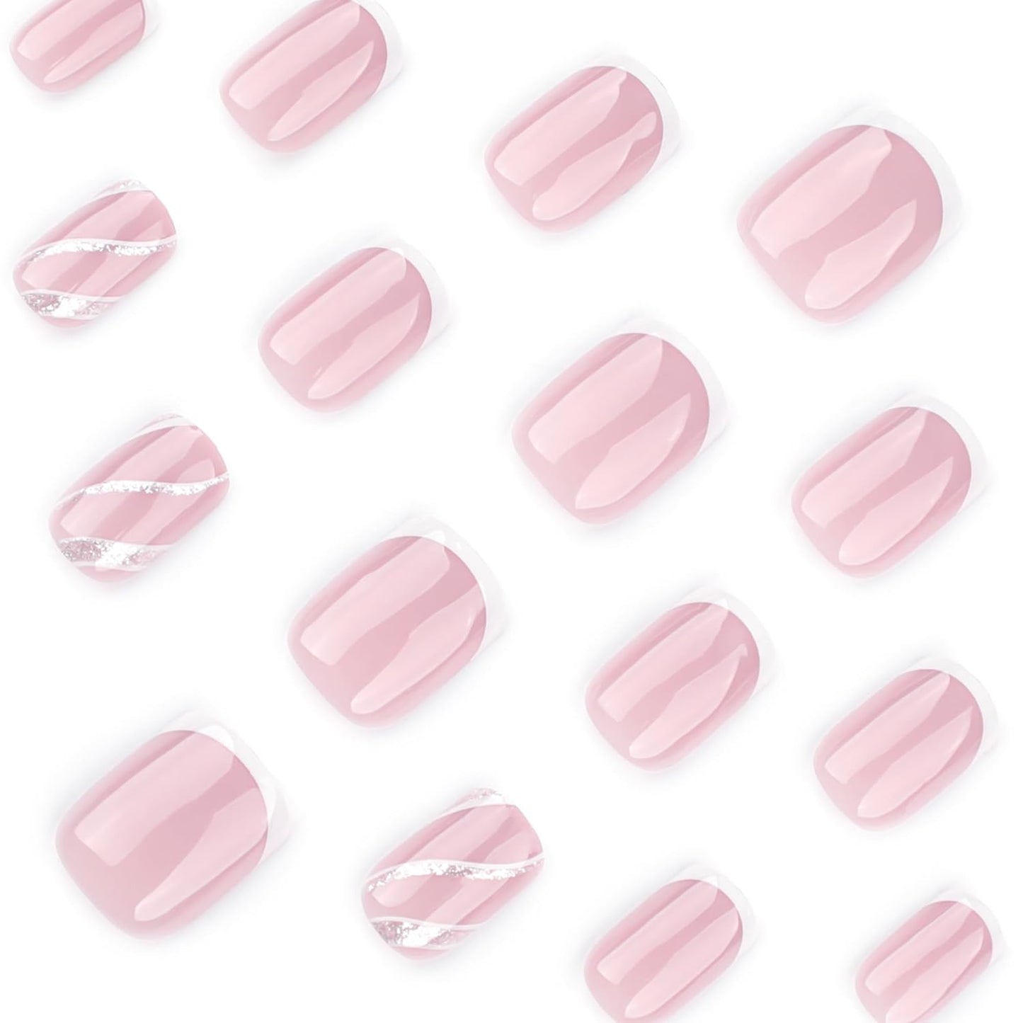 French Press On Nails Short Square, Nude Fake Nails with White French Tips, Delicately Adorned with Silver Streaks, Glossy Gel Finish, Thick Natural Reusable Glue On Nails Kit for Women 24Pcs
