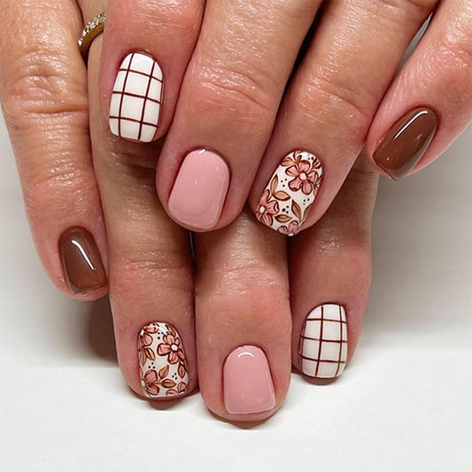 Press On Nails Short Square, Pink Fake Nails with Multicolored Nails and a Blend of Vintage and Romantic Designs, Glossy Gel Finish, Durable Reusable Acrylic Press On Nails Kit for Women