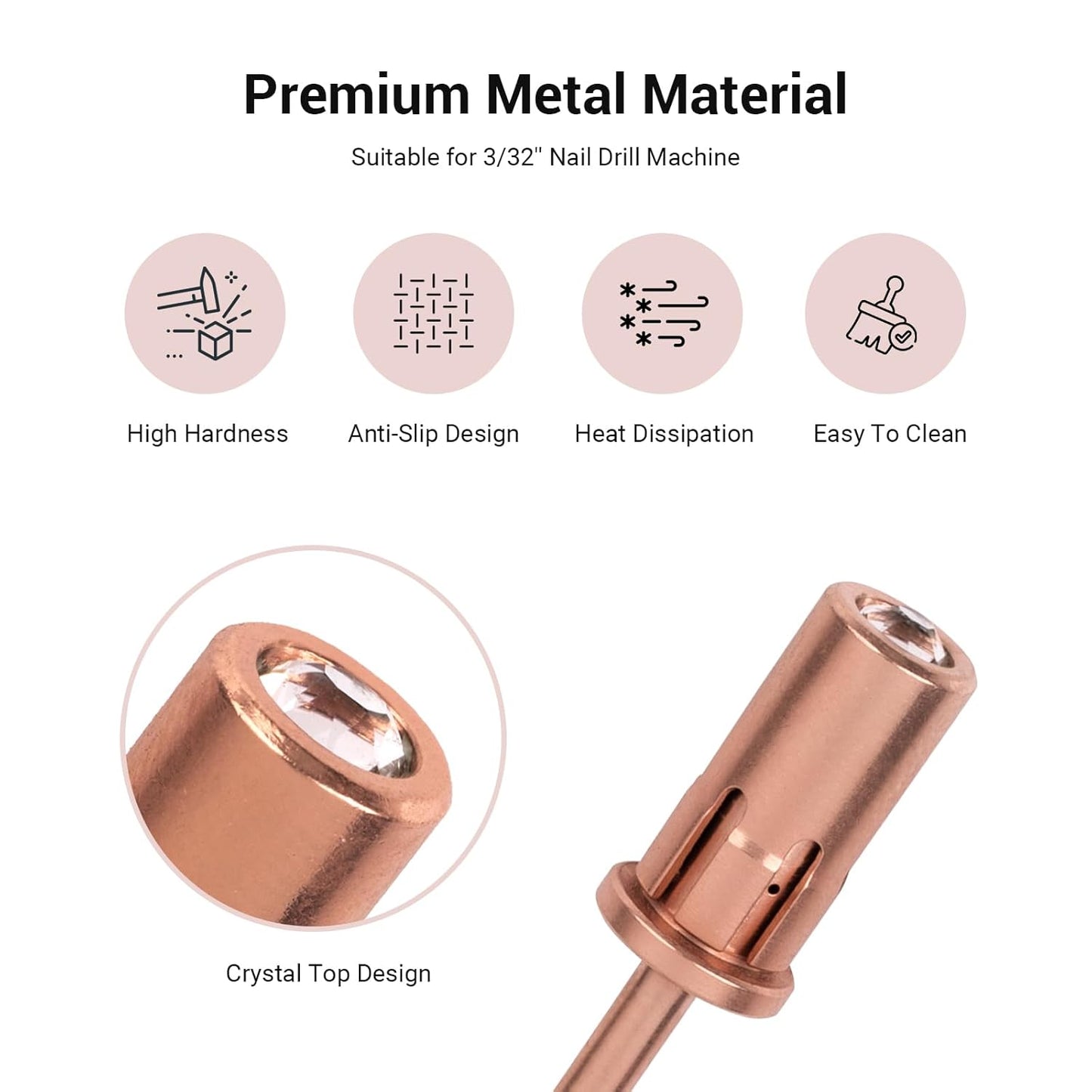 MelodySusie Crystal Top Mandrel Bit for Nails, 3/32'' Easy Off Nail Drill Bits for Sanding Bands, Suitable for Acrylic Nails Gel Manicures and Pedicures, Rose Gold