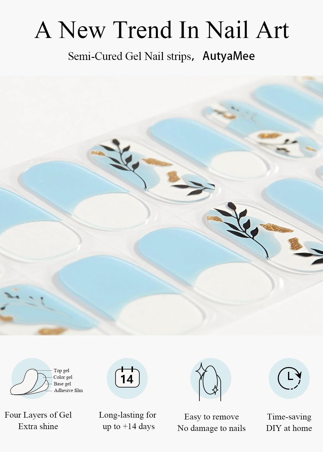 Semi Cured Gel Nail Strips (Blue French), Painted Flowers, 20 Pcs Gel Nail Wraps, Stickers, UV Light Required, Salon Quality, Long Lasting
