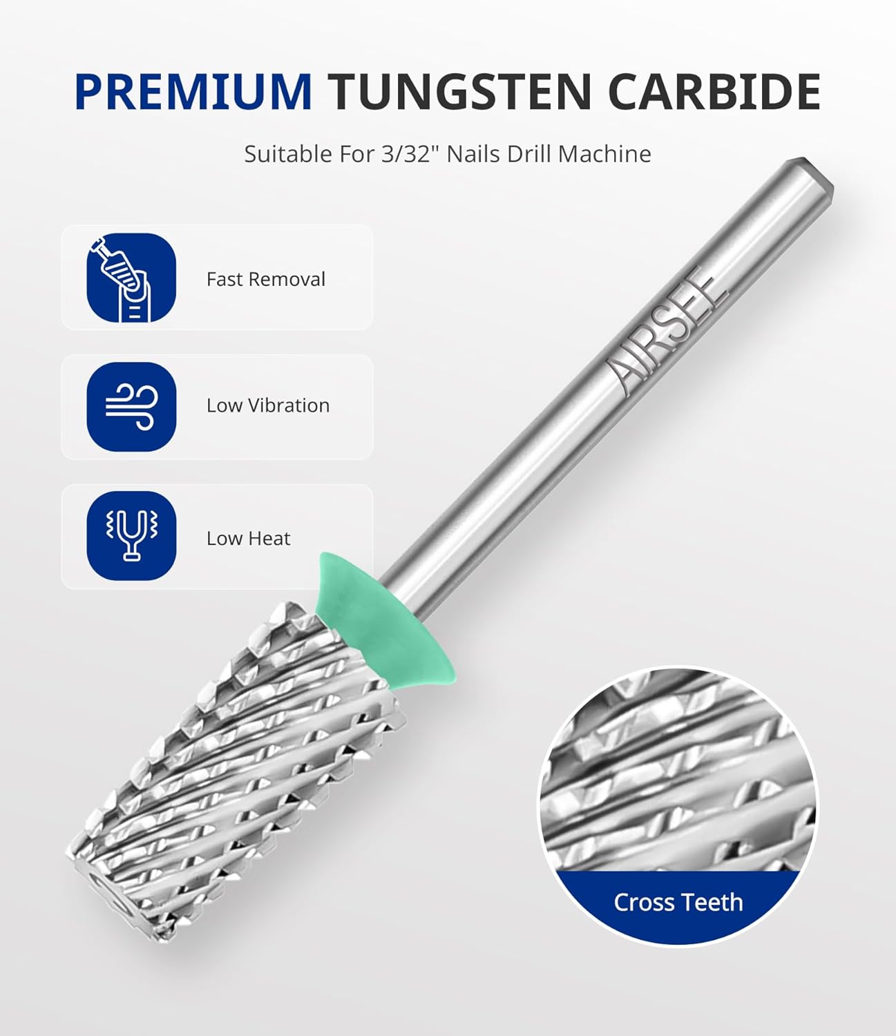AIRSEE Tungsten Carbide Acrylic Nail Drill Bit Efile Electric File Machine Head Tip for Manicure Polishing Art Remove Gel 3/32" 2 Way Professional Tech Flat Top Tapered Barrel Coarse-C