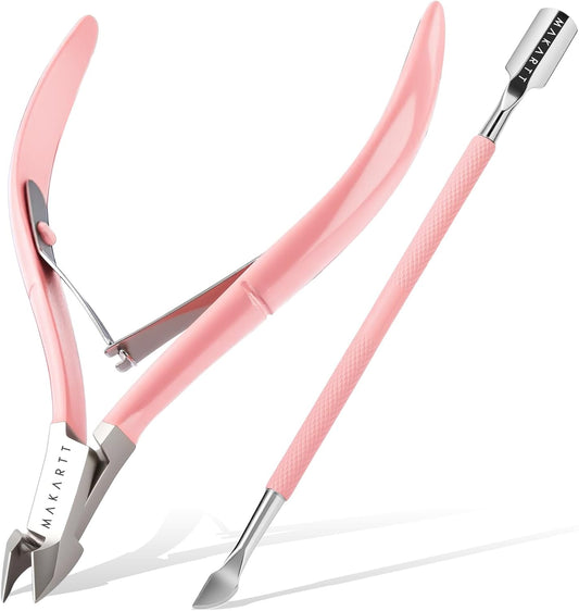 Makartt Cuticle Trimmer with Cuticle Pusher - Stainless Steel Cuticles Nipper with Dual Spring, Ergonomic Handle, 7mm Blade & Dual-Ended Pusher for Nail Care & Gel Removal, Pink