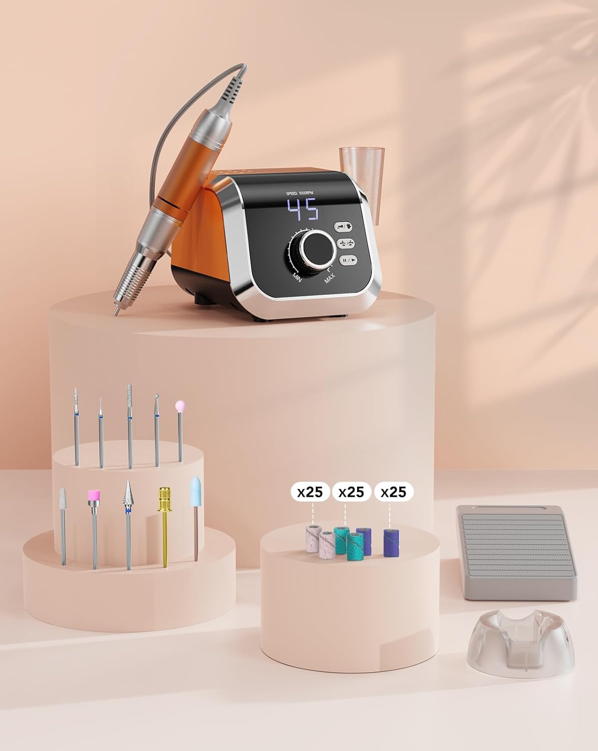 Professional Nail Drill with Foot Pedal, Nail E File 45000 RPM Speed, Electric Nail Filer for Acrylic Nails, F/R Rotation, 65W Power, Quite Nail Drill Machine for Women Orange