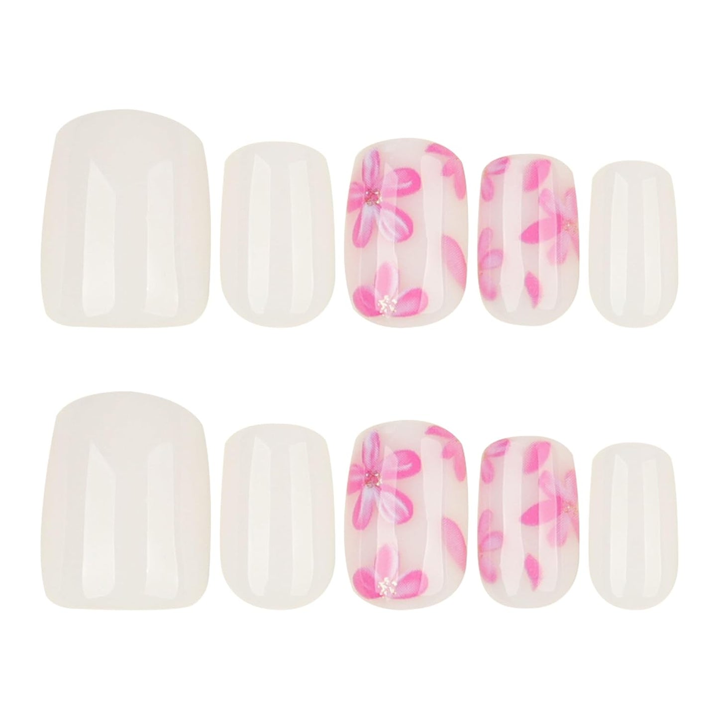 White Press On Nails Square Short, Pink Flower Fake Nails with 3D Floral Design, Glossy Finish Reusable Acrylic Nails, Natural Glue On Nails Kit for Women, 24Pcs