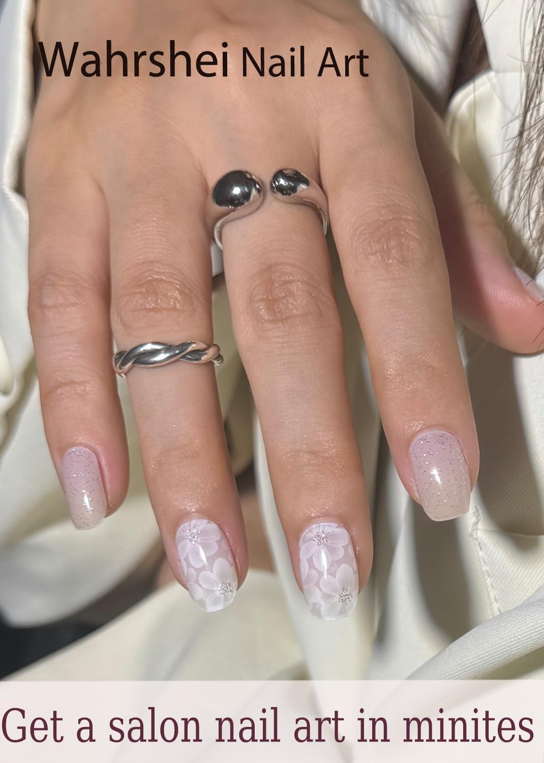 Semi Cured Gel Nail Strips, White Flower 20pcs Adhesive UV Sticker, Wraps for Home Manicure DIY