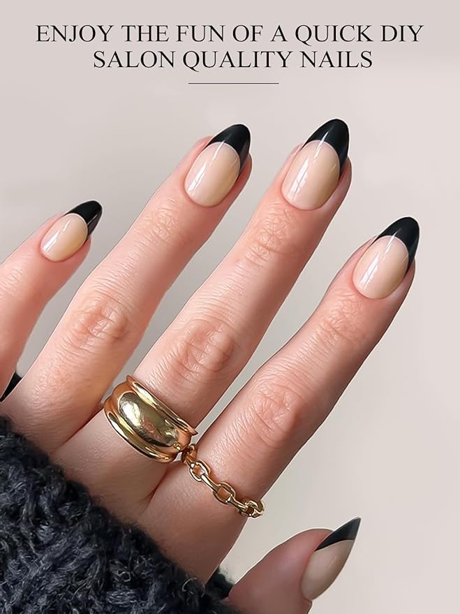 EBANKU 20Pcs Semi-Cured Gel Nail Strips for Women, Girl， Black Deep French Nail Sticker, Lasting Waterproof Full Wraps Stickers for Salon Manicures, Perfect with File and Stick