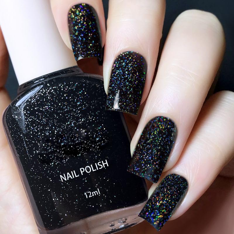 COSMOO Black Glitter Quick Dry Nail Polish, 12ml, Chip Resistant, Vegan, Fast Drying, Streak, Long Lasting