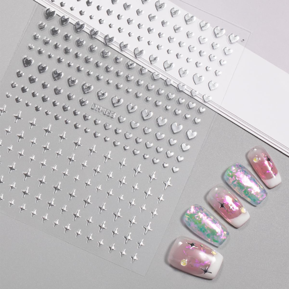 6Sheets Heart Nail Art Stickers, Hearts Stars Nail Decals for Women Valentines Nail Art Supplies 3D Black White Gold Silver Blue Red Heart Stickers for Nails Design Sticker DIY Manicure Decoration