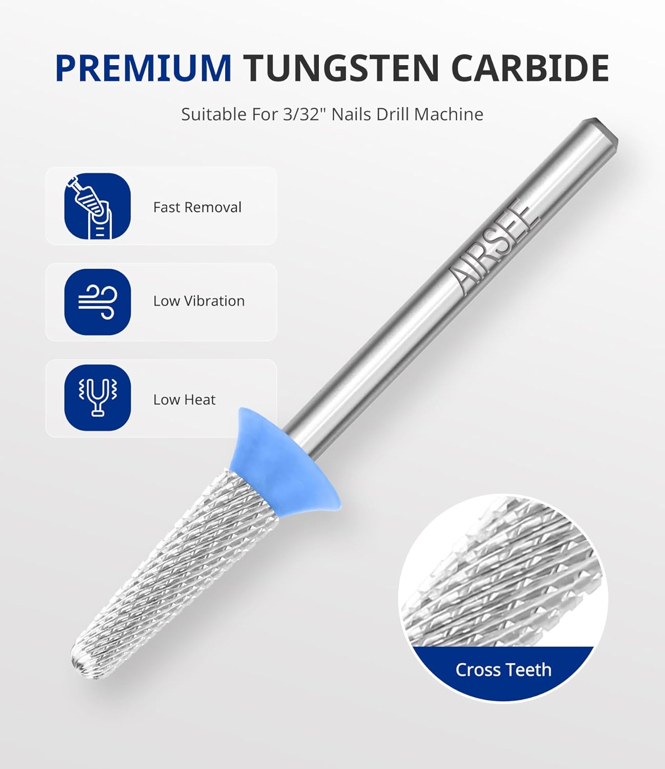 AIRSEE Tungsten Carbide Acrylic Nail Drill Bit Efile Electric File Machine Head Tip for Manicure Polishing Art Remove Gel 3/32" 2 Way Safety Use Ball Top Tapered Bit Cone Shape Medium-M