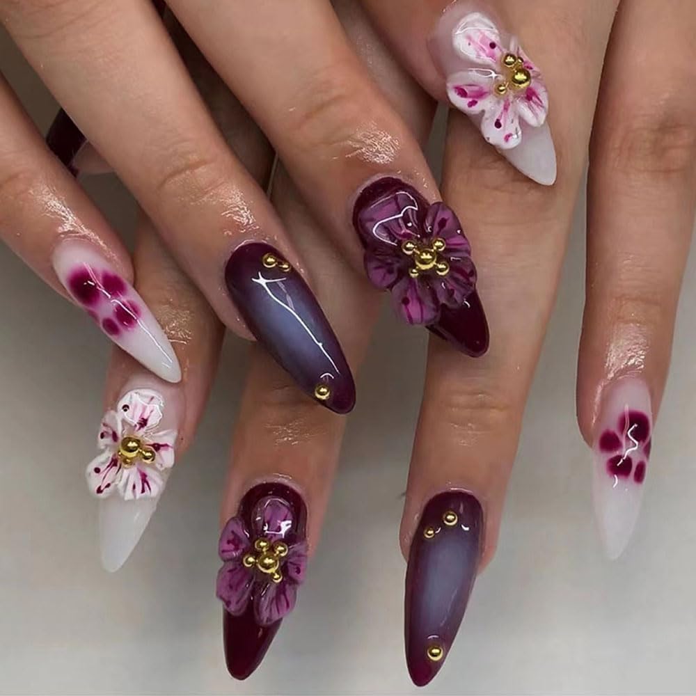 2 Sheets Flower Nail Stickers for Nail Art, 5D Embossed Hibiscus Nail Decals Self Adhesive Spring Summer Floral Nail Supplies for Women Girls Manicure Decoration