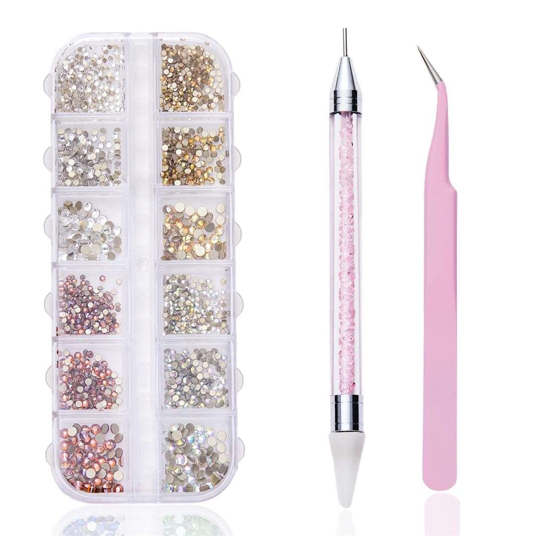 12 grid flat back Rhinestones with Tweezers and Wax Pencil Gems , DIY decorative Nail Face and apparel accessories (crystal,crystal AB,amber and metal sunshine)