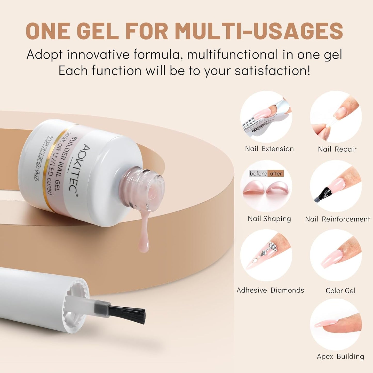 Aokitec 7-in-1 Builder Nail Gel Set, 6 Colors Pink Nude Milky White Hard Gel Builder Nail Strengthener Extension Nail Polish Rhinestone False Nail Tips Glue in a Bottle, Gifts for Women
