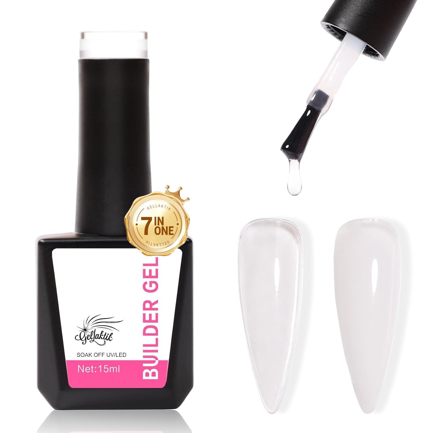 Builder Gel for Nails, 15ml 7 in 1 Builder Gel Nail Polish, LED Lamp Cured for Clear Rubber Base & Strengthener Extensions, Thickening, Repair, Salon-Quality DIY Manicure (Clear)