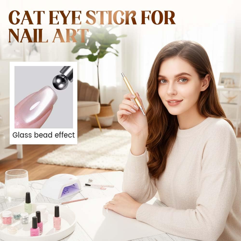 Cat Eye Magnet for Nails, 2026 New Double-head Magnet Wand with Round Nail Magnet Beads Nail Polish Magnet Pen Magnetic Cat Eye Gel Polish Nail Design Tool for Home DIY, Salon, Rose Gold (Pink)