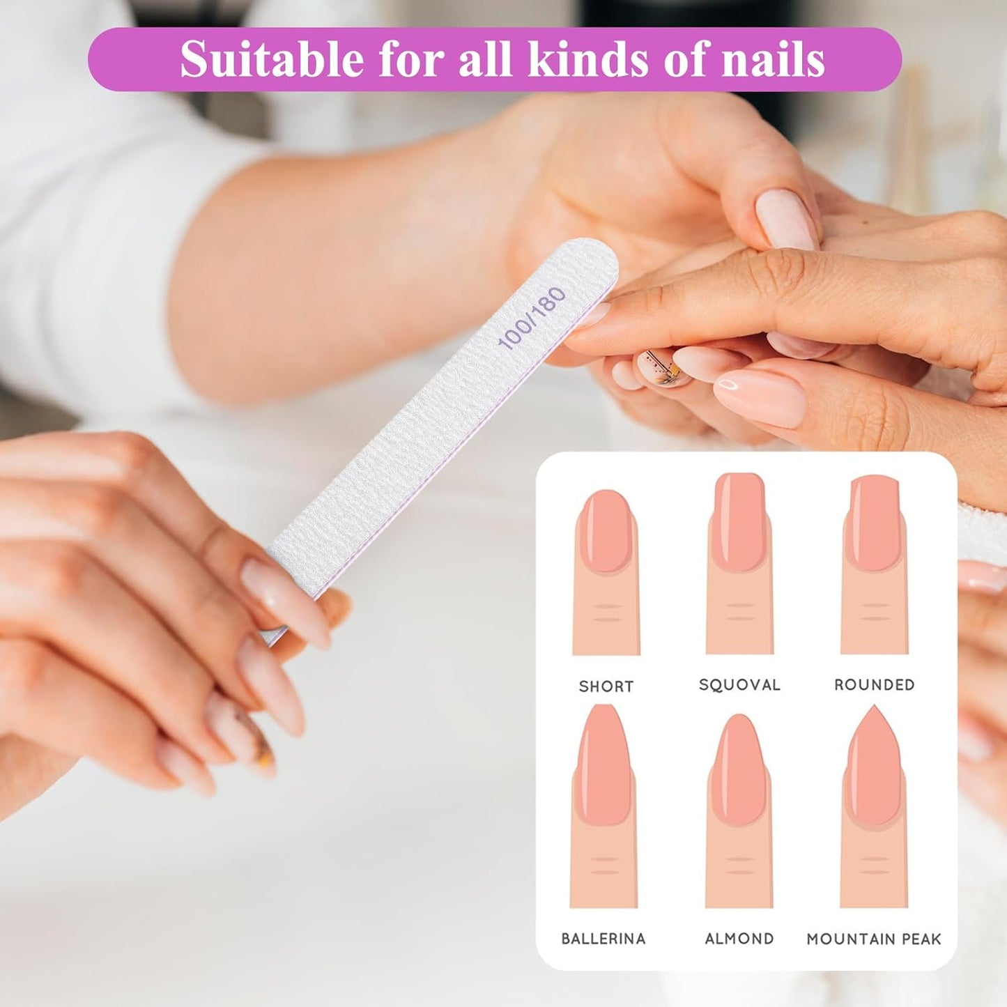125 Pcs Nail Files 100/180 Grit Double Sided Emery Boards Professional Reusable Nail Buffers for Natural Nails and Acrylic Nails Home and Salon Use