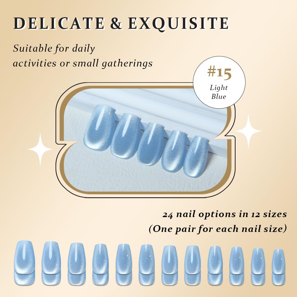 evpct Light Blue Cat Eye Coffin Press on Nails Square Medium, Medium Square Glue on Nail for Women, Light Blue Metallic Glitter Glossy Reusable Summer Soft Gel Press on Acrylic Fake Nail with Designs
