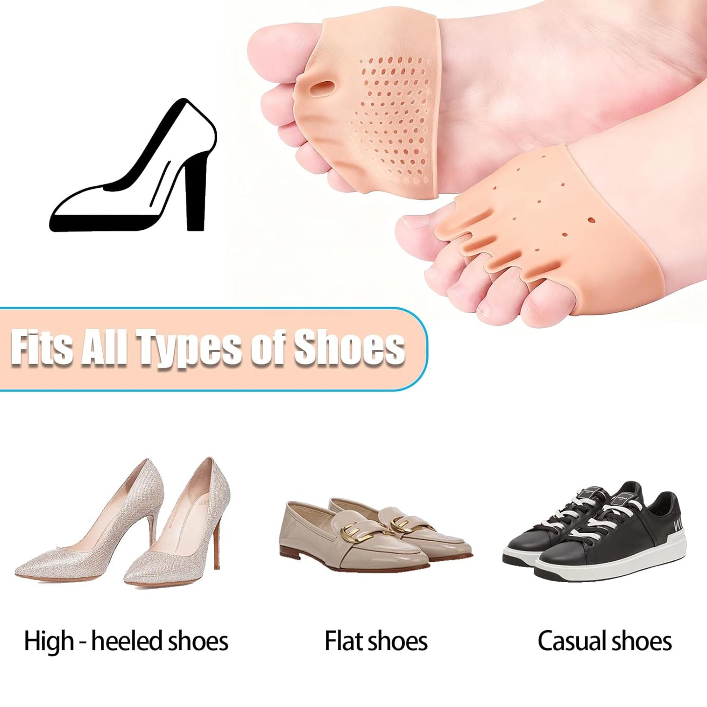 3 Set Silicone Toe Separators and Gel Heel Protectors for Women & Men, Bunion Corrector Cushion, Metatarsal Pads, Ball of Foot Cushions, Breathable Soft Gel Foot Cushions, Silicone Heel Cups
