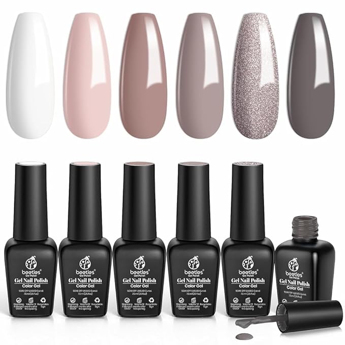 Beetles Neutral Gel Nail Polish – 6 Colors Winter Soak Off UV LED Nail Gel Kit, Brown Gray Silver White Pink Long Lasting Glossy for Salon & Home Manicure Gift for Women