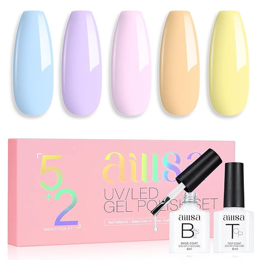 AILLSA Blue Gel Nail Polish Set Baby Blue Pastel Purple Yellow Macaron Gel Polish with Base and Top Coat, Long Lasting Summer Spring Color Soak Off U V L ED Manicure Art Salon DIY at Home 7Pcs 8ML