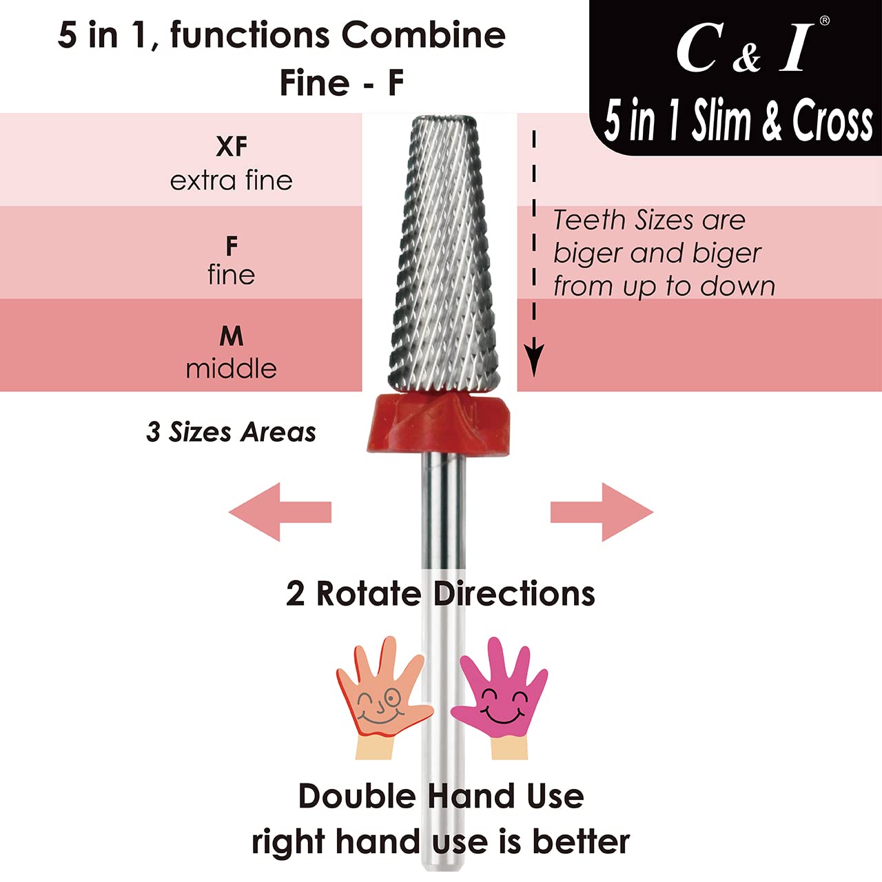 C & I 5 in 1 Nail Drill Bit, Cross & Slim Edition, Professional Nail Drills for Electric Manicure Drill Machine (Fine -F)