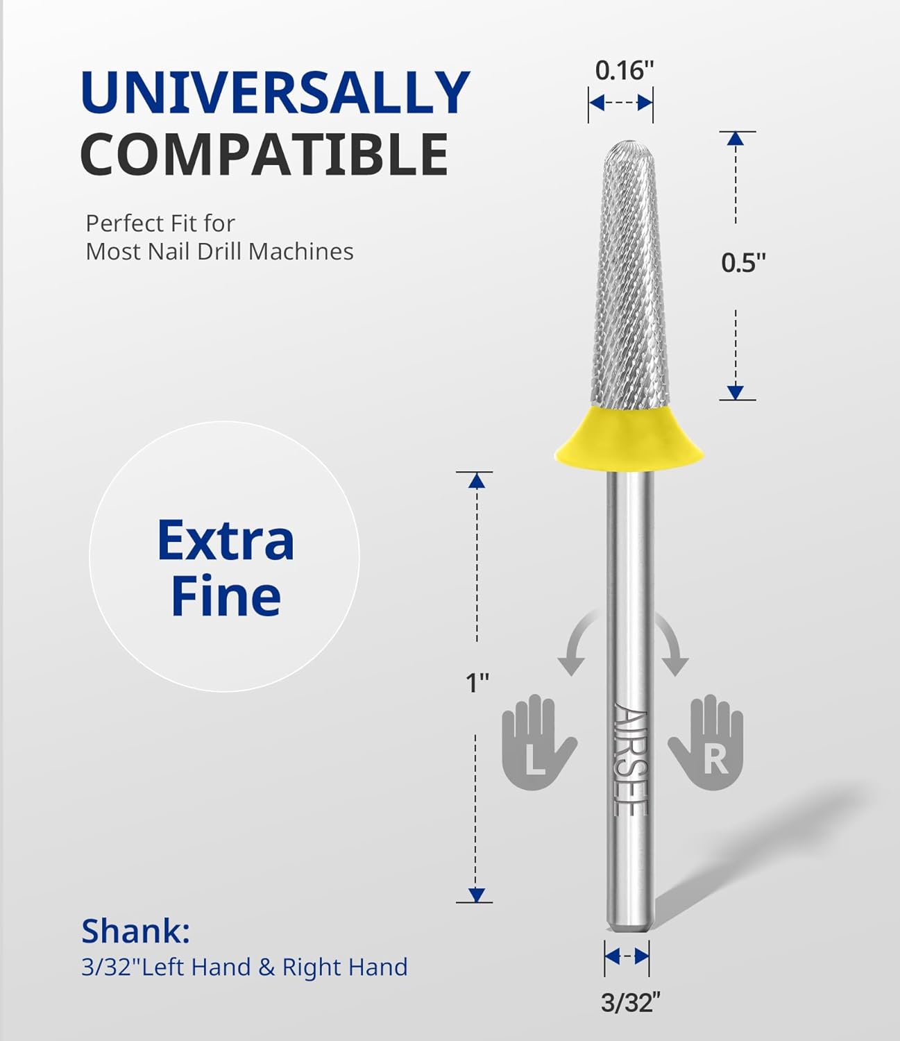 AIRSEE Tungsten Carbide Acrylic Nail Drill Bit Efile Electric File Machine Head Tip for Manicure Polishing Art Remove Gel 3/32" 2 Way Safety Use Ball Top Tapered Bit Cone Shape Extra Fine-XF