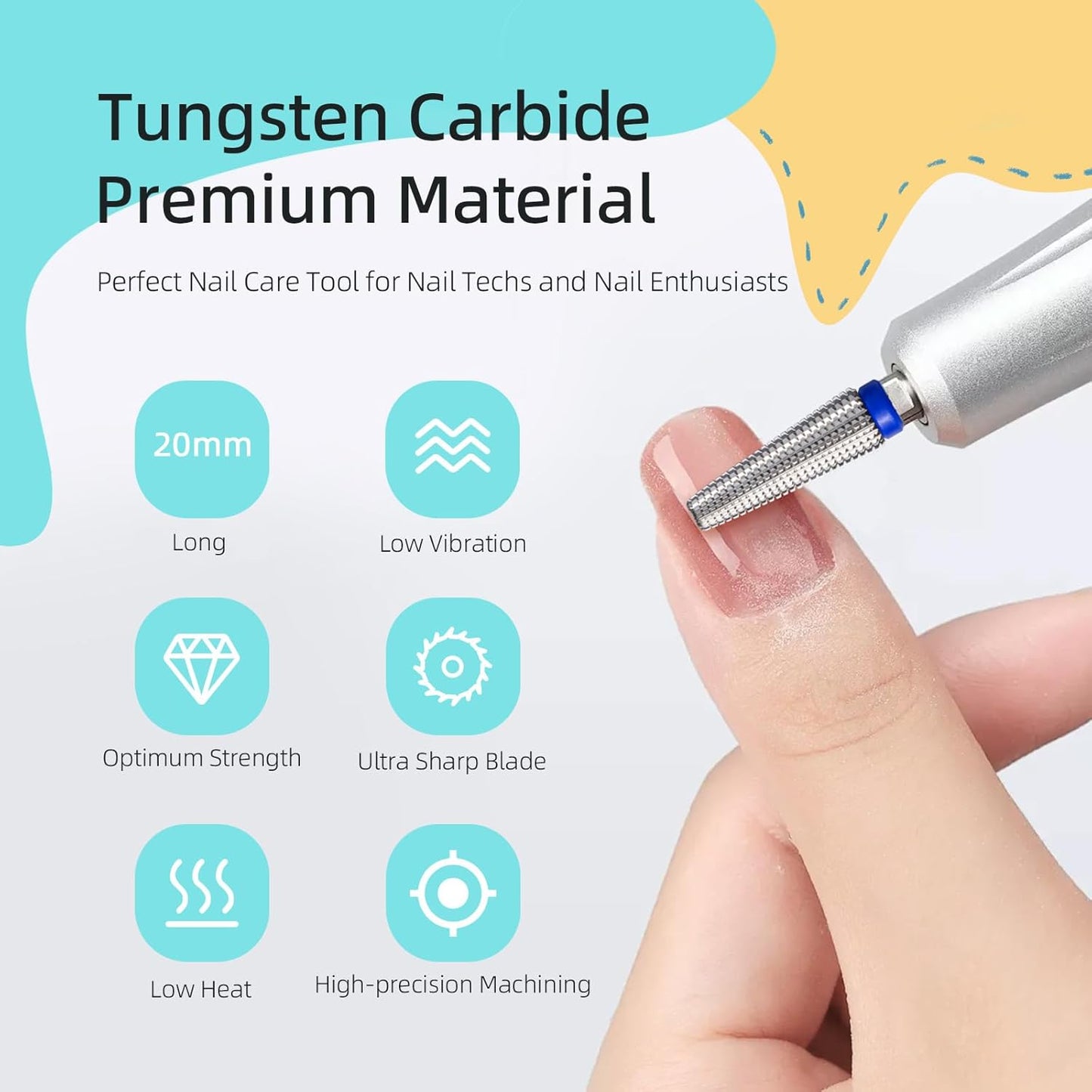 Long 5 in 1 Nail Drill Bits, 20mm Medium Straight Cut Tapered Nail Bit, 3/32 Two-way Safety Carbide Drill Bits for Nails, Electric Manicure Drills Remove Gel