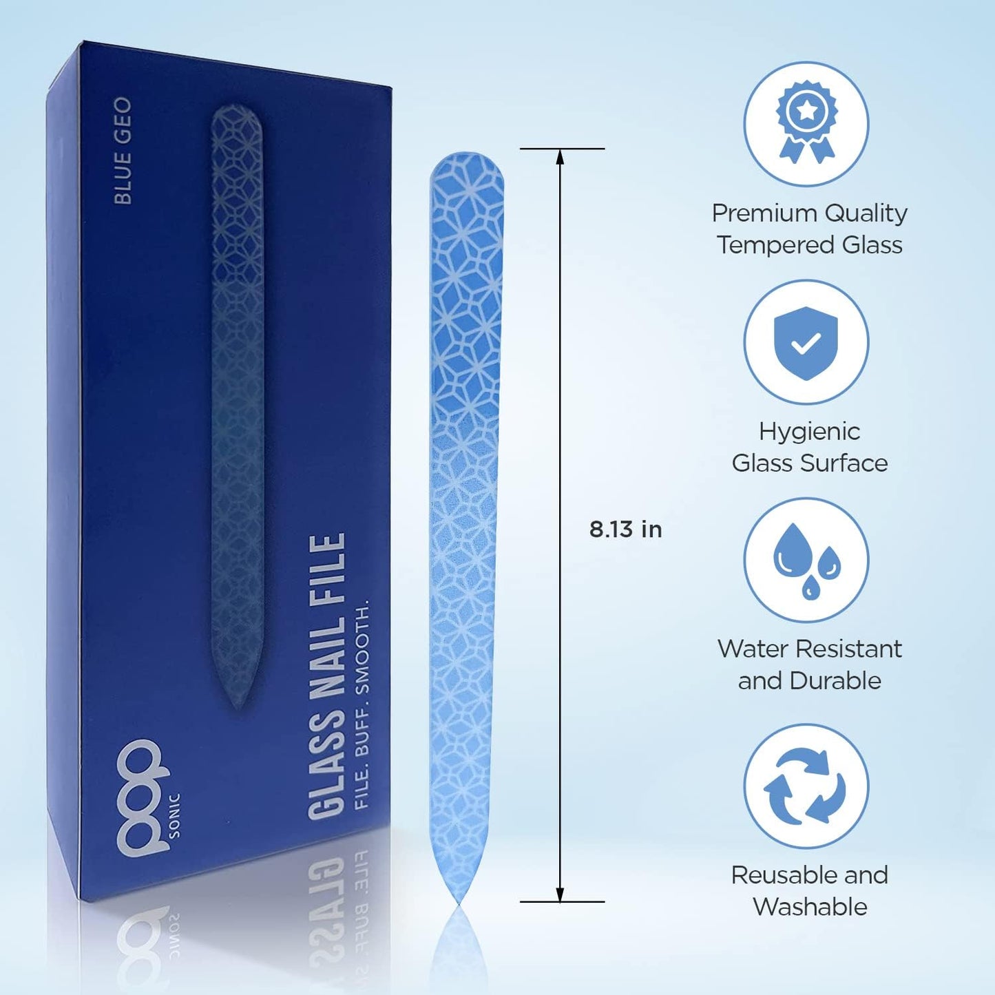 Pop Sonic Double-Sided Glass Nail File | Fingernail Files for Shaping & Smoothing Nails | High-Quality Tempered Glass | Strong, Wear-Resistant Filer w/Protective Carrying Case (Blue Geo)