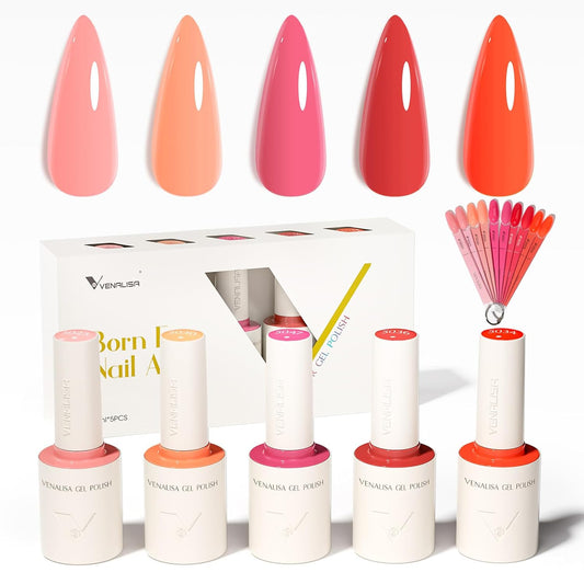 VENALISA Gel Nail Polish Set, 5 Colors 10ML Gel Polish Kit Red Nude Pink Coral Orange Soak Off Salon Manicure DIY at Home Nail Art For Girls Women