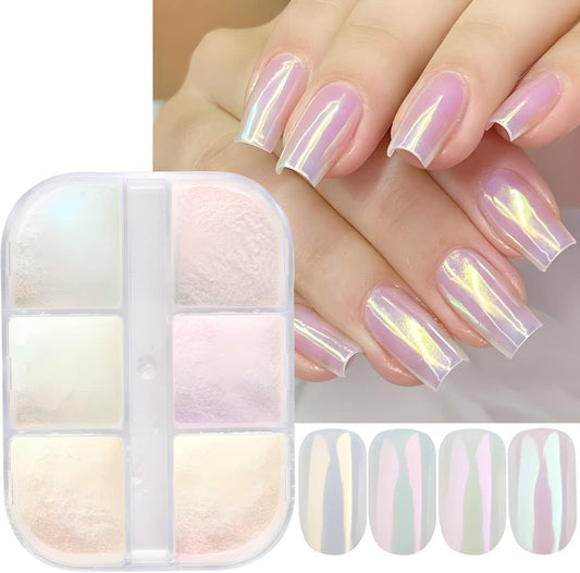6 Colors White Pearl Chrome Nail Powder Mirror Effect Aurora Magic White Pearlescent Chrome Powder for Gel Nails, Iridescent Nail Powder Glitter for Nail Art Decoration