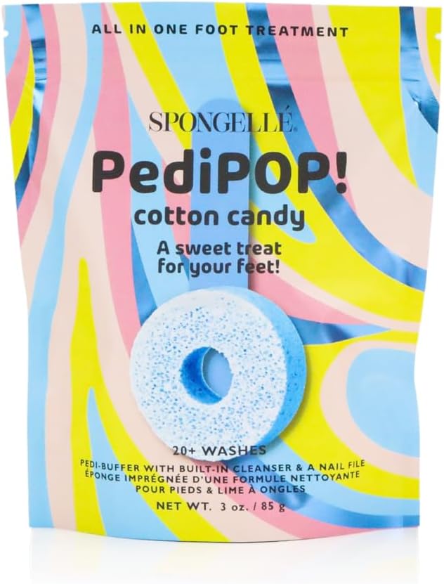 Spongellé Cotton Candy PediPOP! Pedi Buffer & Nail File | All-in-One Pedicure Treatment | Exfoliates, Softens & Cleanses | 30+ Washes | Vegan & Cruelty-Free