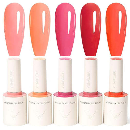 VENALISA 10 ML Pink Gel Nail Polish Set with DIY Nail tips Kit, 5 Pcs Pink Red Orange Gel Polish Color High Gloss Soak Off U V Nail Manicure Salon DIY