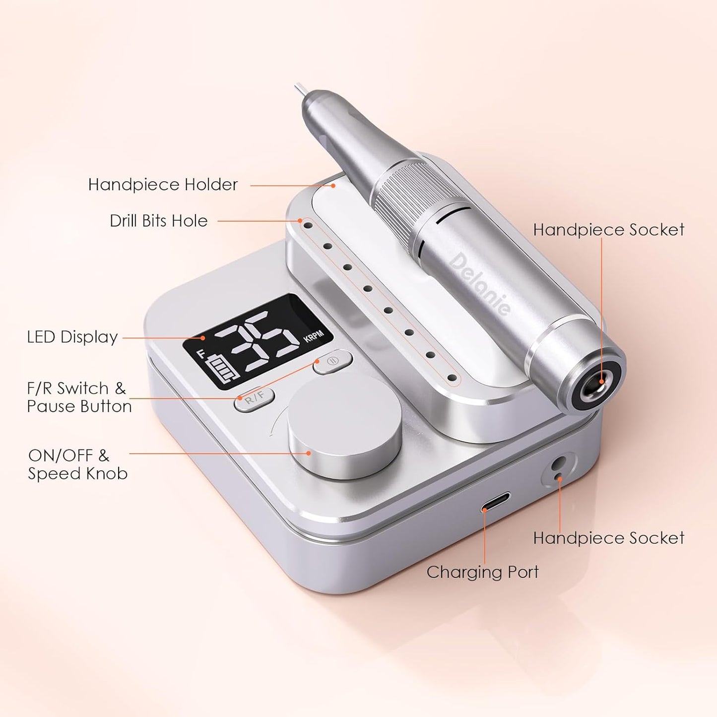 Delanie Professional Rechargeable Nail Drill Machine 35000 RPM - 901SE Electric E File Acrylic Gel Nail Filer Tool for Manicure with 7 bits and 36 Sanding Bands