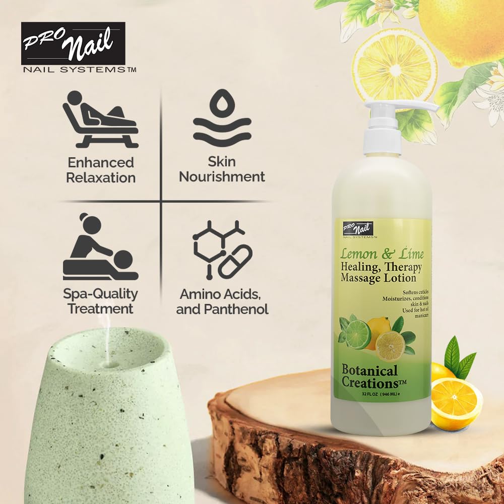 PRO NAIL - Healing Therapy Massage Lotion - Professional Pedicure, Body and Hot Oil Manicure, Infused with Natural Oils, Vitamins, Panthenol and Amino Acids (Lemon and Lime, 32 Oz)