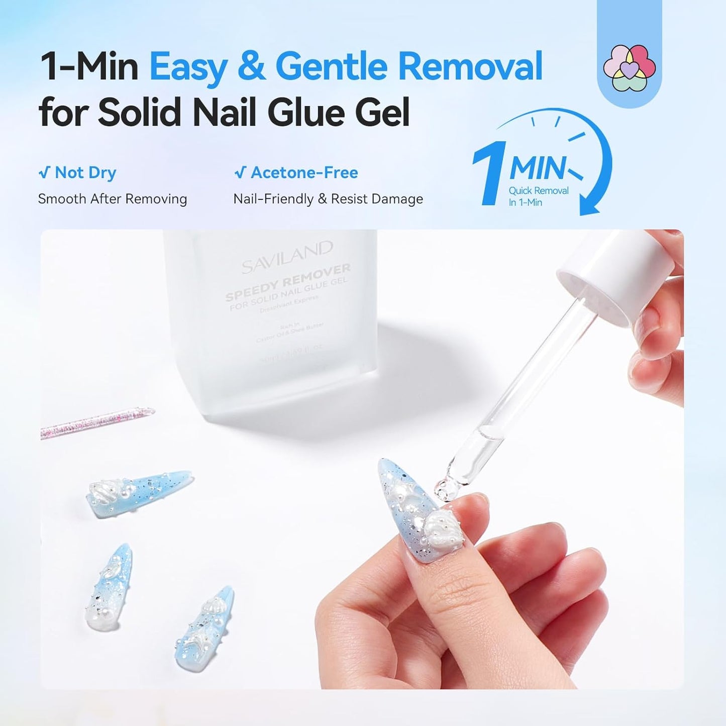 SAVILAND Advanced Nail Glue Remover: 50 ML Solid Nail Glue Gel Remover for Press On Nails Gentle & Easy with Castor Oil VE Gentle Non-Drying Odor-Free Non-Acetone Glue Remover Not for Gel Polish