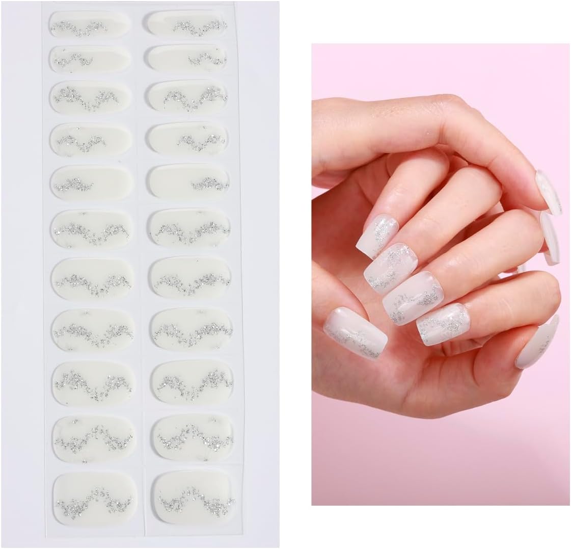 No Lamp Gel Nail Strips 22 Pcs Wraps - White Silver Glitter, Easy Apply Gel Nail Stickers Long Lasting, Salon-Quality, 2 Prep Pads, 1 File, 1 Wooden Stick