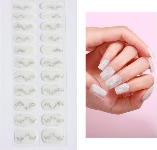 No Lamp Gel Nail Strips 22 Pcs Wraps - White Silver Glitter, Easy Apply Gel Nail Stickers Long Lasting, Salon-Quality, 2 Prep Pads, 1 File, 1 Wooden Stick