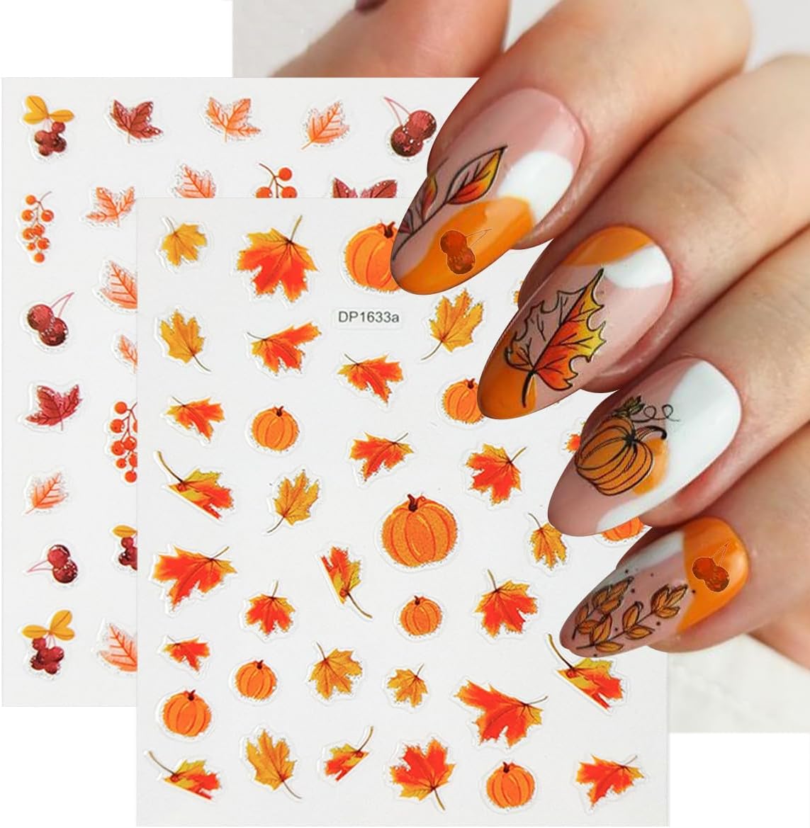 8 Sheets Fall Nail Stickers 3D Self-Adhesive Maple Leaf Nail Art Stickers for Nail Art Pumpkins Leaf Nail Design Autumn Nail Decals Thanksgiving Nail Art Supplies for Women Acrylic Nails Decoration
