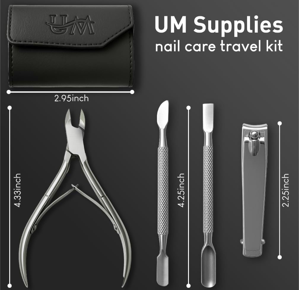 UM Supplies Cuticle Nipper with 2 Pushers and Nail Cutter 4 Pieces Travel Set Stainless Steel | Manicure Pedicure Tool for Nail Care 1/2 Jaw 14 (5mm) Double Spring