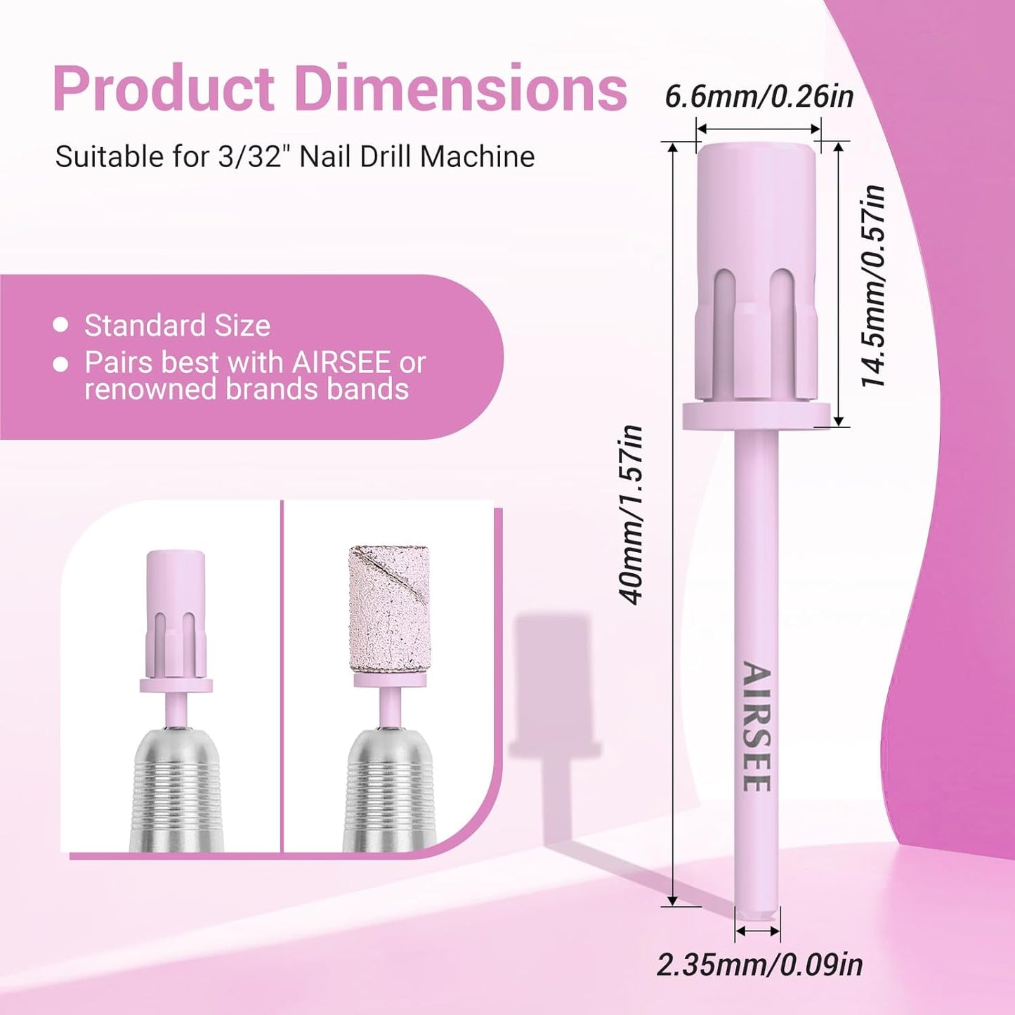 AIRSEE Nail Drill Mandrel Bit for Efile Sanding Bands, Stainless Steel Professional Electric File Head for Clean Cuticle Removing, Acrylic Tip Dead Skin Sander Remover Manicure Safety (Pistil Pink)