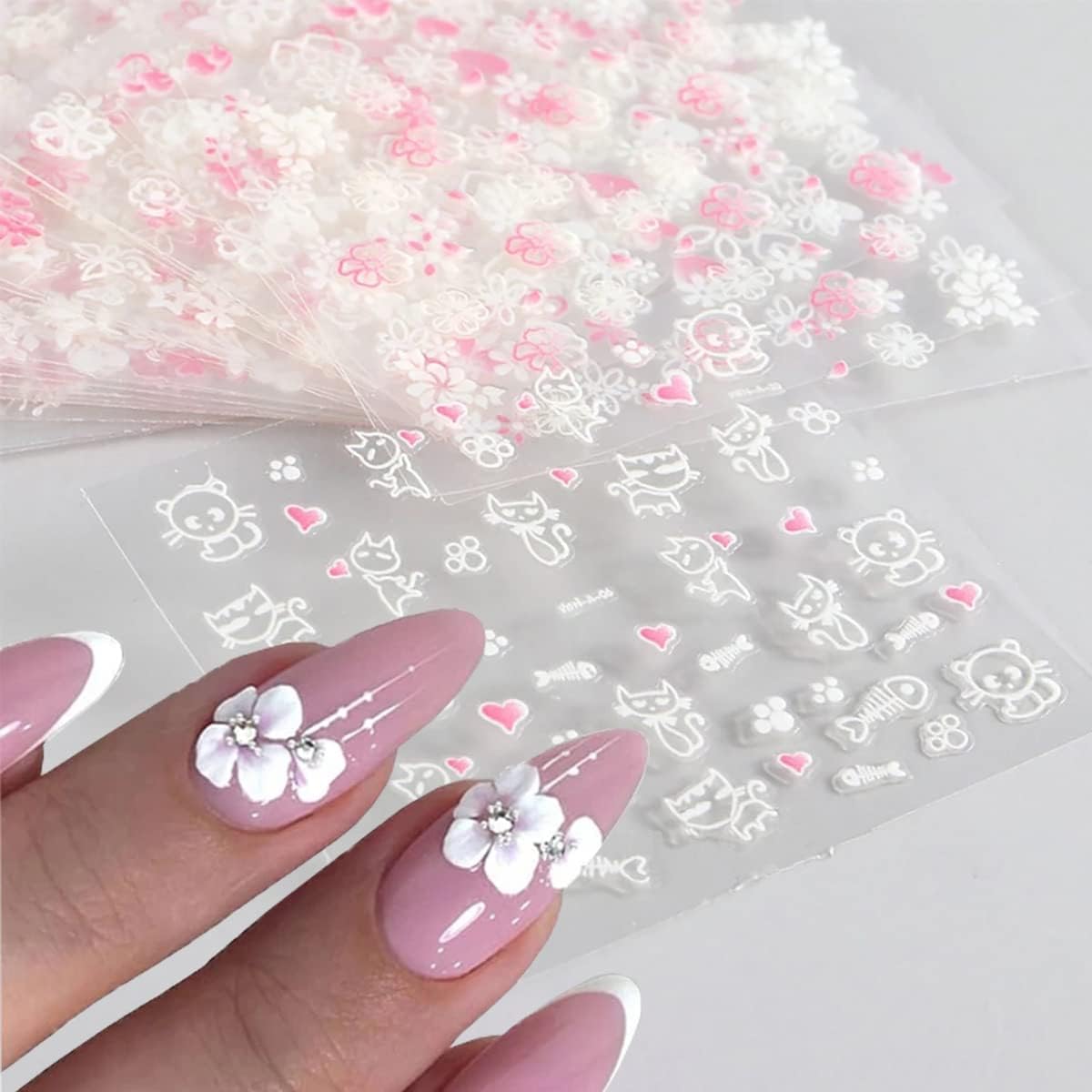 30 Sheets Flower Nail Art Stickers Pink White Flower Nail Stickers 3D Self Adhesive Cute Daisy Floral Nail Decals Nail Supplies Nail Art Design Decoration Accessories for Women Girls