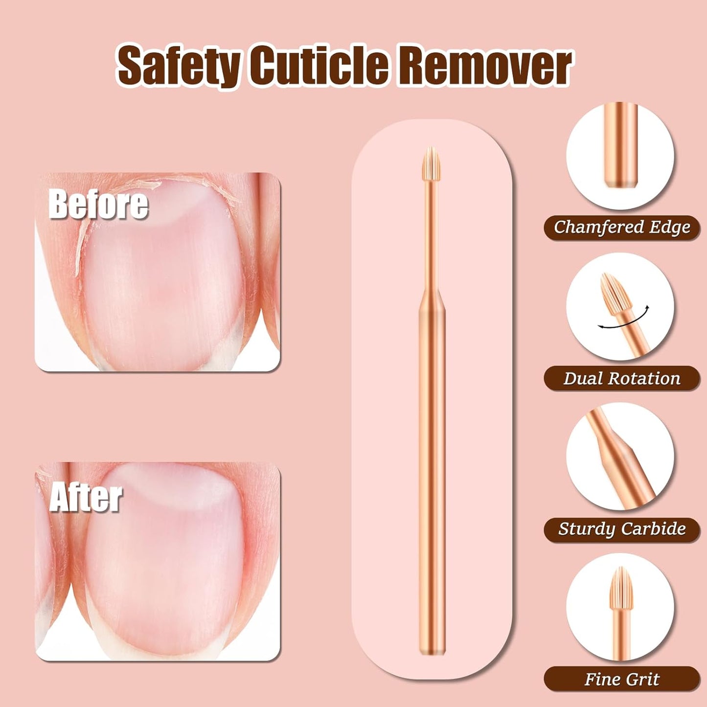 Cuticle Clean Nail Drill Bit 3/32'', Safety Drill Bits for Nails, Professional Carbide Nail Cleaner Nail Bit for Cuticle Dead Skin Nail Prepare, Nail Care Tool for Nail Tech (Rose Gold, Fine)