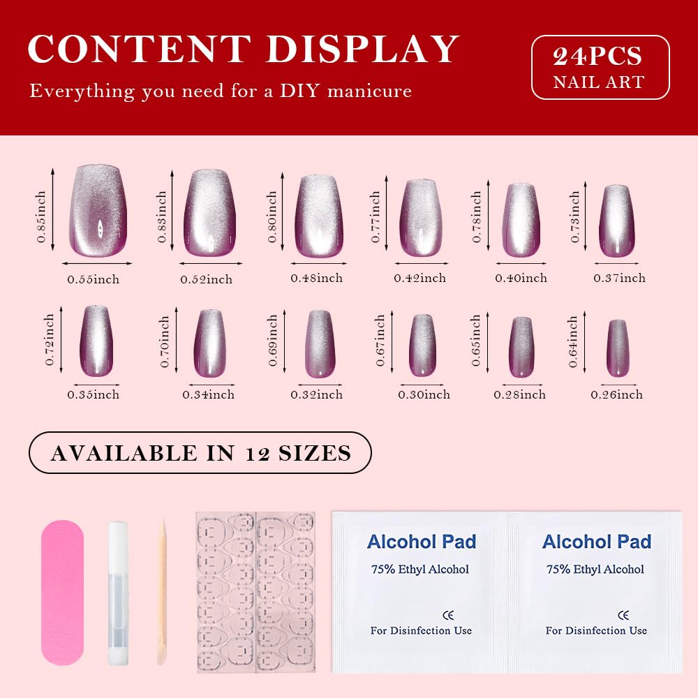 evpct Purple Cat Eye Coffin Press on Nails Square Medium, Medium Square Glue on Nails for Women Gift, Lavender Purple Metallic Glitter Glossy Reusable Summer Gel Press on Fake Nail with Designs, 24Pcs